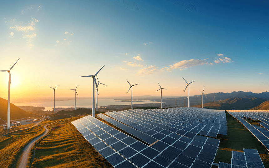 A renewable energy farm featuring solar panels and wind turbines at sunset.