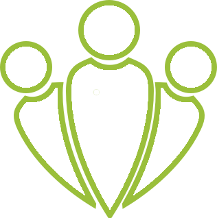 illustrated graphic of three people together, leaning forward, highlighted in green on hover
