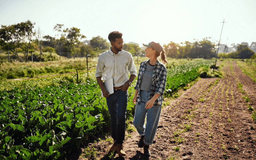 Two farmers having a conversation while walking through a field on a sunny day.